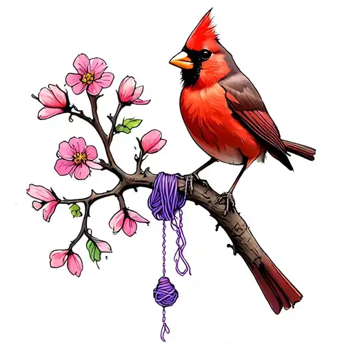 Cardinal Perched On Flowery Branch With Purple Yarn Hanging Out Of Its Beak