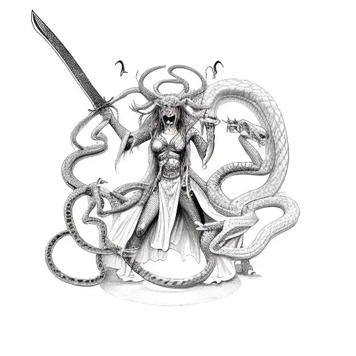 Demoness Holding A Sword With 2 Snakes Wrapping The Sword