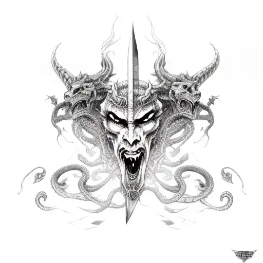 Demoness Head With A Sword Infront And 2 Snakes Wrapping The Sword