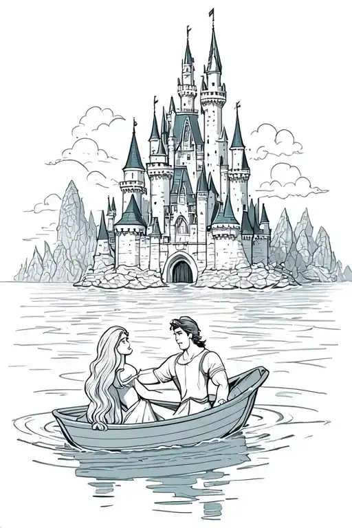 Disney Castle With Rapunzel And Guy On The Water In A Boat