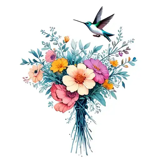 A Bouquet Of Various Flowers With A Hummingbird Flying Above
