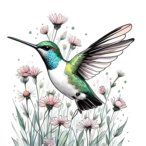 A Hummingbird Flying Through A Field Of Wildflowers
