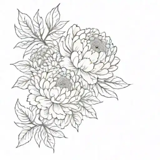 Chrysanthemum And Peony With Leaves Fine Line