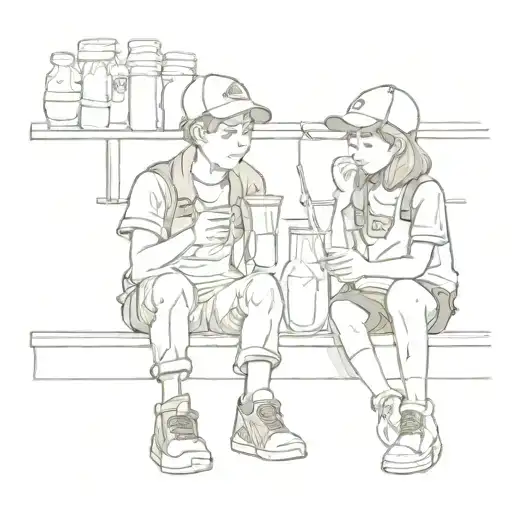 Boy And Girl Sitting On Sidewalk Drinking Milk Shakes