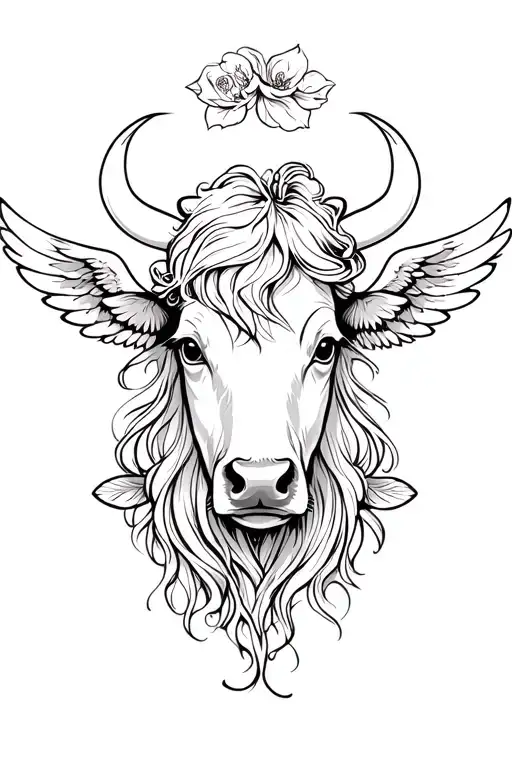Female Cow Head Thin Lines Angel Wings