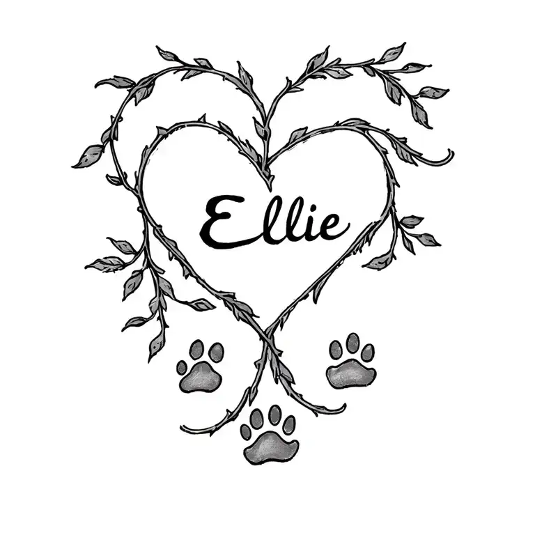 Name Ellie Tiny Tattoo With Vine Heart Over The I And 2 Dog Paw Prints