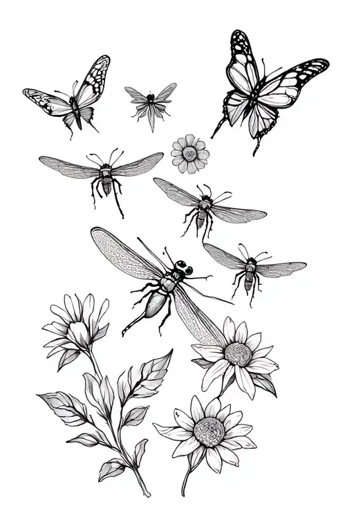 Butterfly Flowers Dragonfly Bees