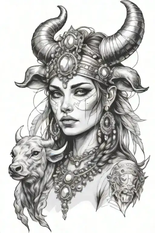 Woman With Jeweled Headdress And Glossy Eyes And Bull Horns
