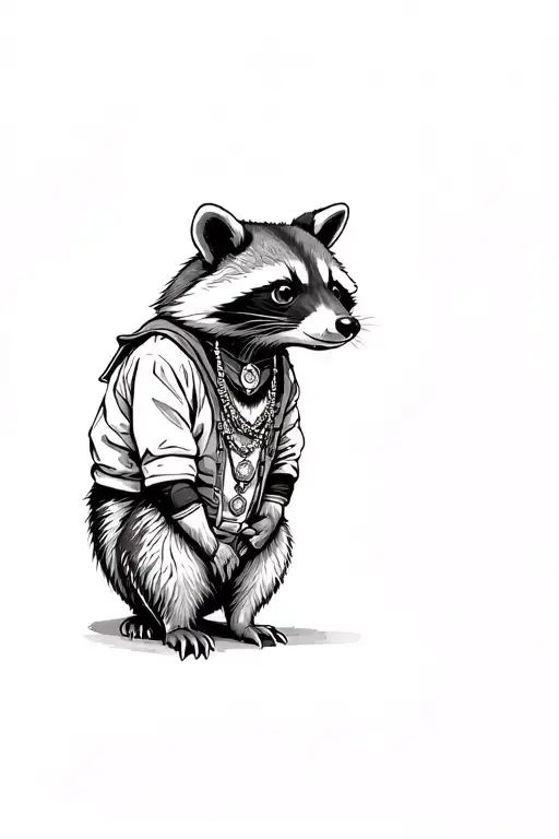Raccoon Wearing Clothing And Jewelry Made From Trash