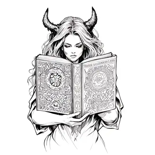 A Woman Holding A Book And A Demon
