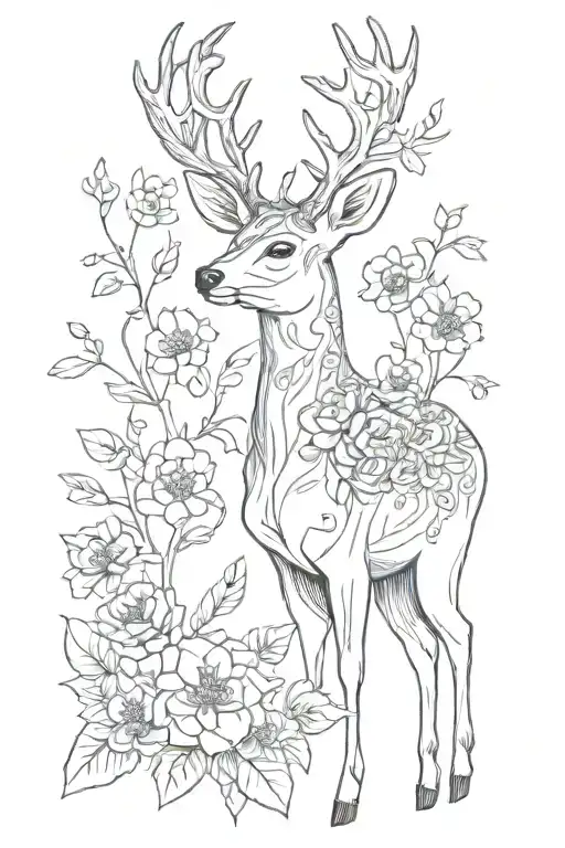 Deer Thin Line Black Flower