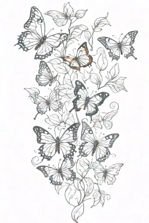 Butterflies Around A Vine Of Leaves
