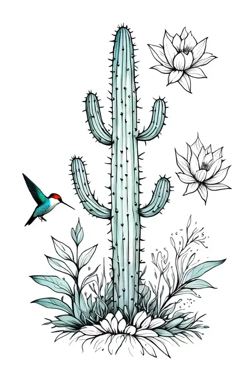 Nature Inspired Tattoo With Cactus And Hummingbird