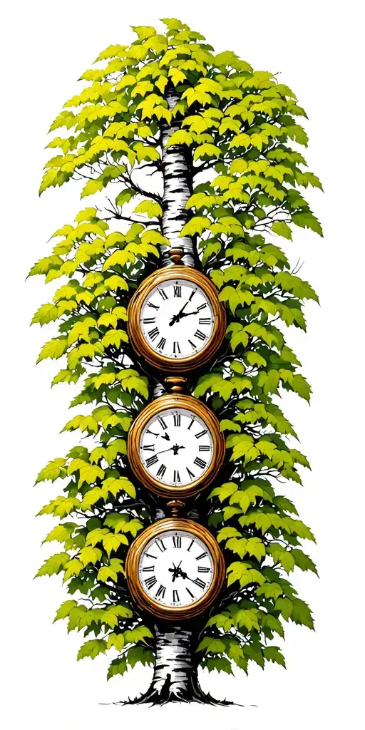 Birch Tree With Green Leaves With Three Clocks On It