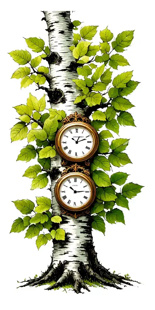Birch Tree With Green Leaves With Three Timepieces On It