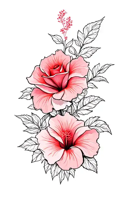 Red Roses And Pink Hibiscus Flower Intertwined