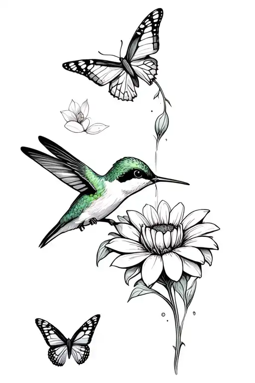 Butterflies Around Hummingbird Drinking Out Of A Flower