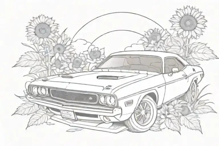 70'S Dodge Challenger With Sunflowers