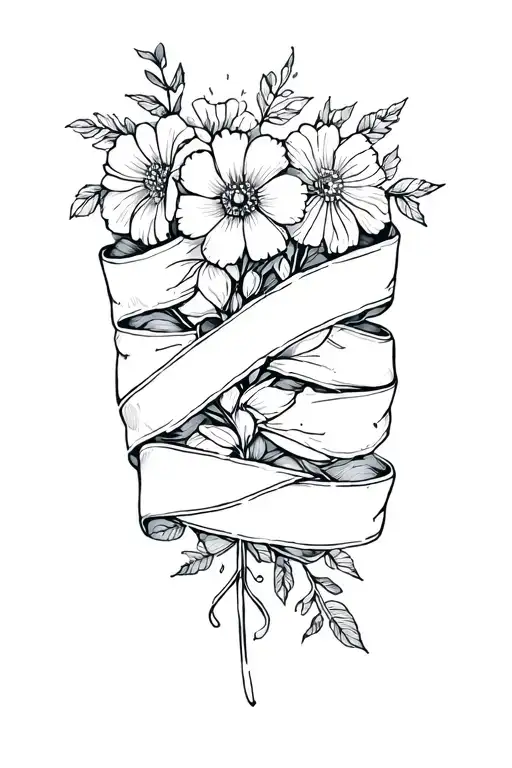 Rememberance Tattoo With Flowers And Ribbon Wrapped