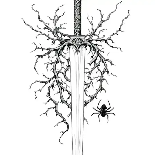 Sword Intertwined With Vines And Spiders