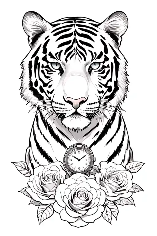 A Tiger With Reflective Eyes Wearing The Compas Watch Around Neck Surrounded By Roses