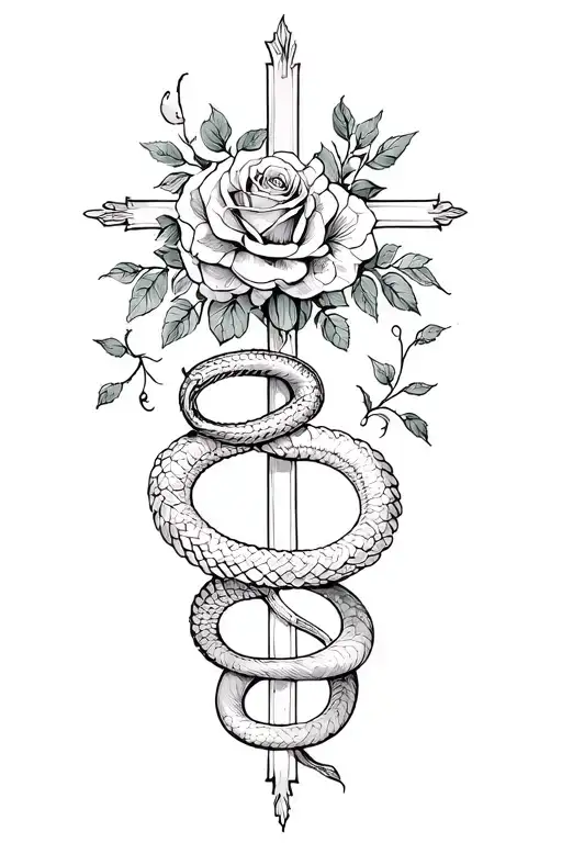 Back Tattoo With A Cross Wrapped With A Snake And Roses