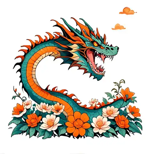 Dragon Jumping Above A Flower Bed