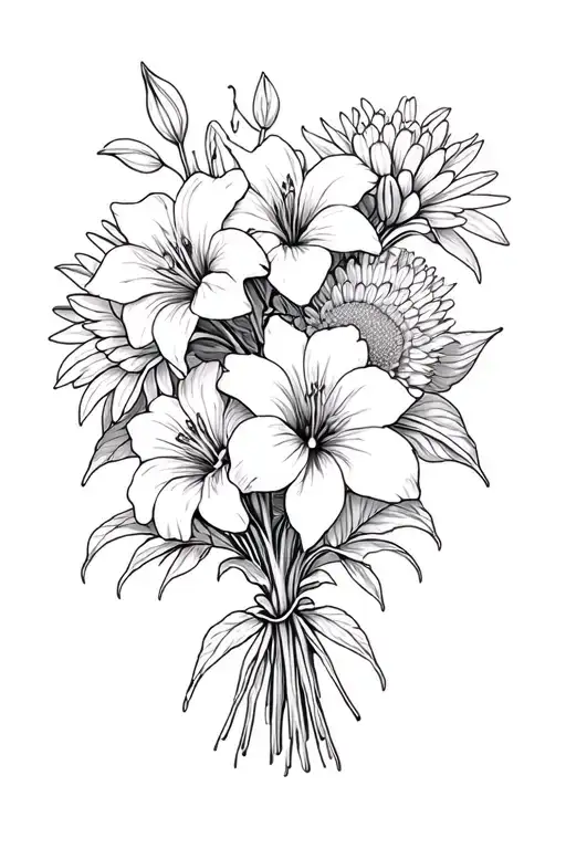 Flower Bouquet Fine Line With Tiger Lily's Morning Glories And Chrysanthemums