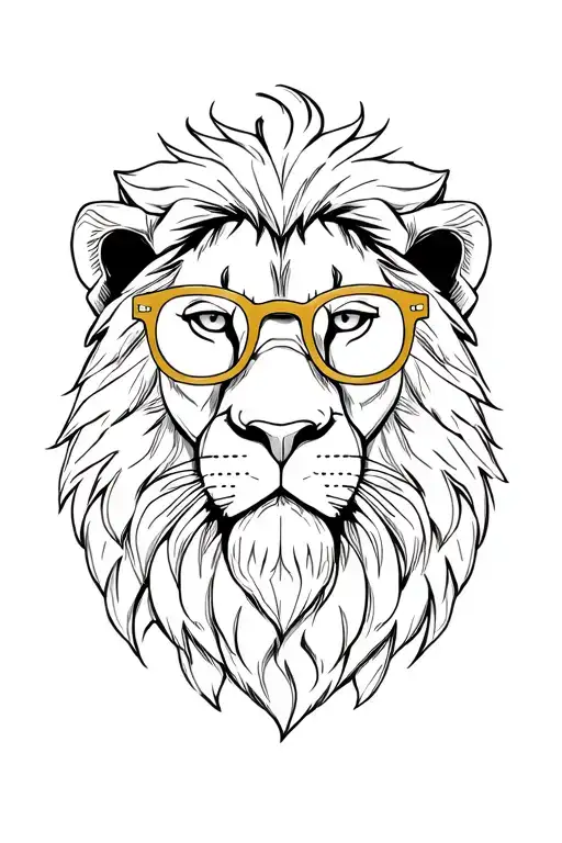 Black Fineline Head Of A Wise Lion With Golden Reading Glasses On His Nose