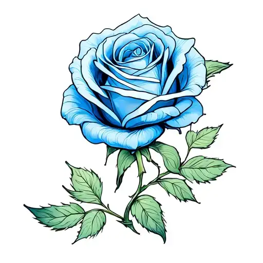 Blue Rose With Green Leaves