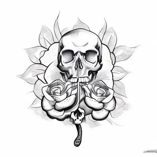 Snake Going Over A Skull With Wildflowers In Background And A Candle Burning Next To Skull