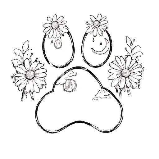 A Outlined Dog Paw Print With Rain Clouds In It And Daisy's With A Crescent Moon And A Penny