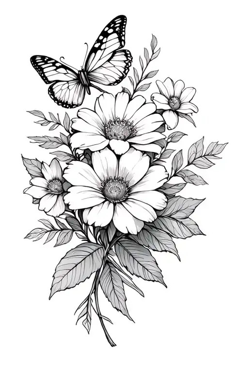 Several Big Flowers Assembled With Leaves And Butterflies