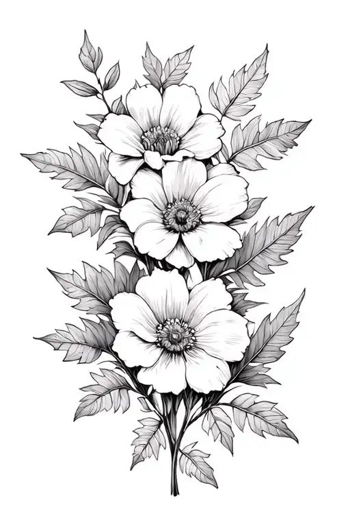 Assembly Of Several Large Flowers And Oak Leaves