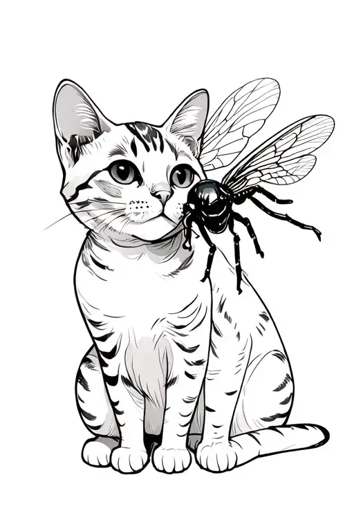 Cat And Fly Bug Sitting Together