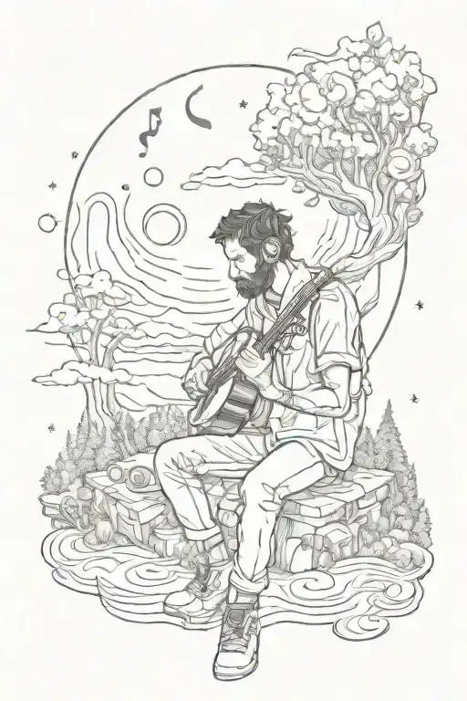 Alone Man With Music Nature And Space Surrounded