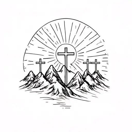 Mountains With Three Crosses With Sun Rays