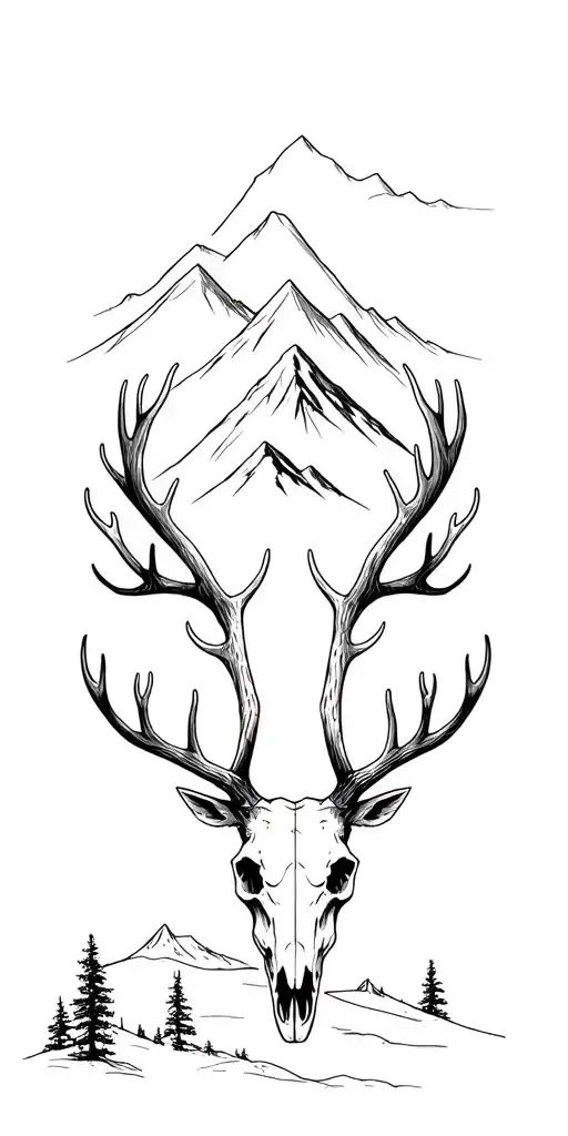 Trees At The Base With Mountains Above And An Elk Skull With Antlers