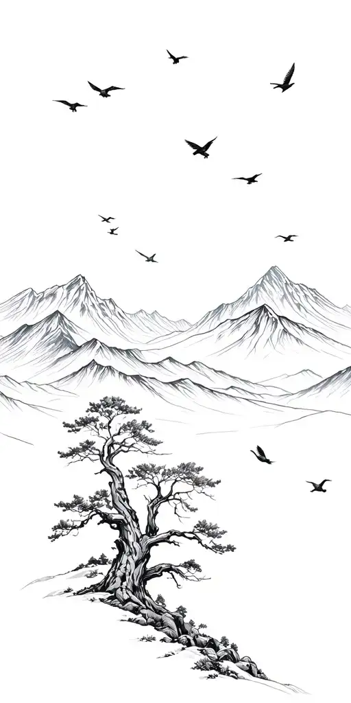 Trees At The Base With Mountains Above With Birds Flying
