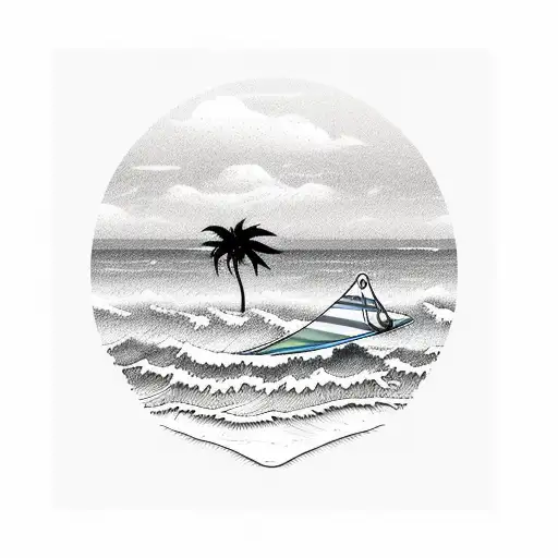 Palm Tree With A Surfboard Leaning On It And A Wave With Sunset In Background