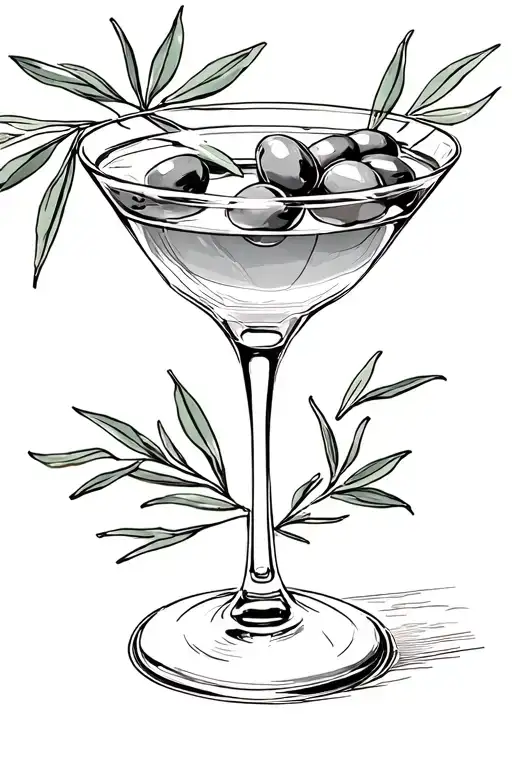 Martiniglass With Olives In It And Olive Branches Over And Under The Glass Going Away From It