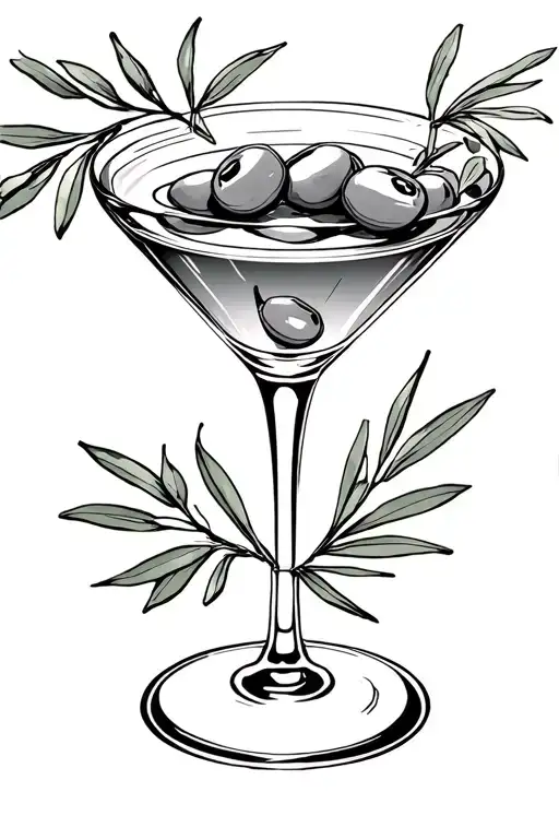 Martiniglass With Olives In It And Olive Branches Over And Under The Glass Going Away From It
