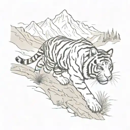 A Sketch Style Tattoo Of A Tiger Enjoying A Peaceful Drive Through The Mountains