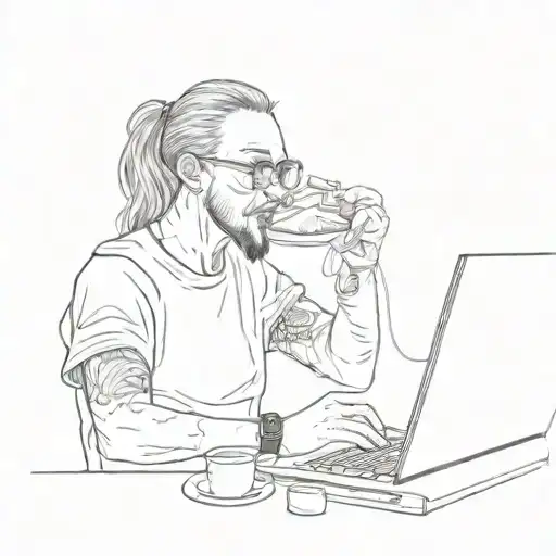 A Sketch Tattoo Of A Software Engineer Working On A Computer While Slurping Ramen Noodles