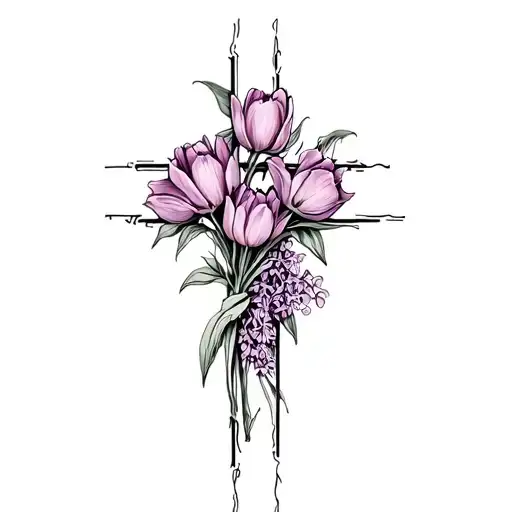 Dainty Cross With Tulips And Lilacs