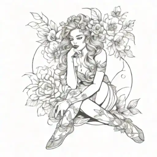 Beautiful Girl In Stockings With Flowers Around Her