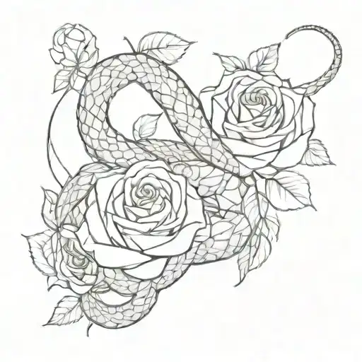 Tattoo Sketch Snake With Roses Black And White For A Girl On The Stomach And Sides