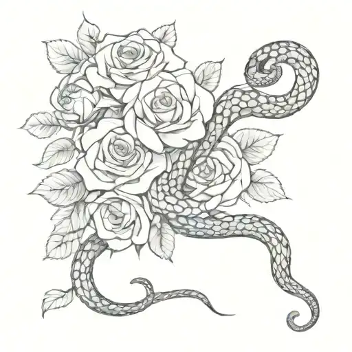 Tattoo Sketch Snake In Length With Roses Black And White For Girl