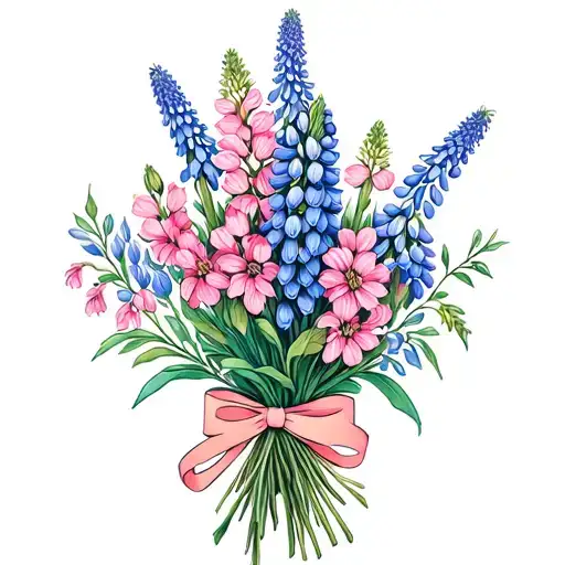 Pink And Blue Lupins Flowers In A Bouquet With A Ribbon