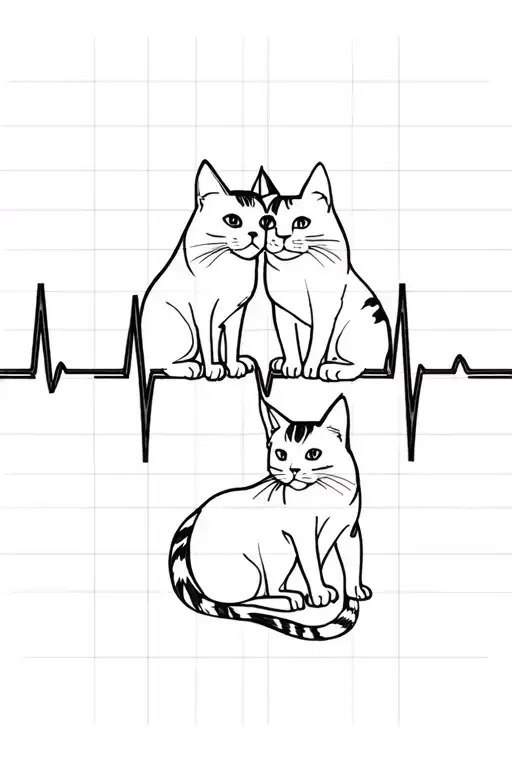 2 Cats On Minimal Style On A Ekg Line
